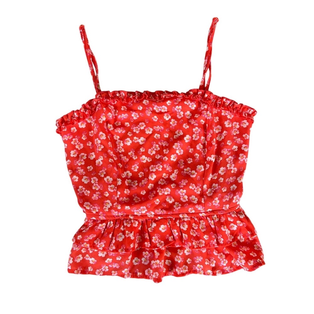 Mi Ami Red Floral Ruffle Peplum Cami Top Smocked Back Small